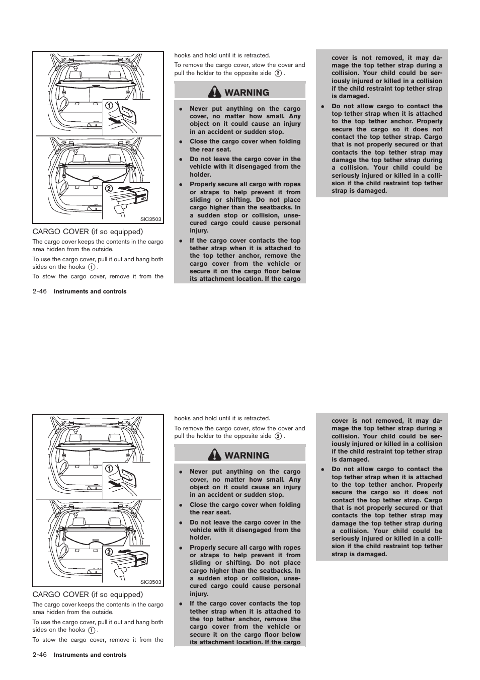 Cargo cover (if so equipped) -46, Warning | NISSAN 2012 Rogue - Owner's Manual User Manual | Page 117 / 378