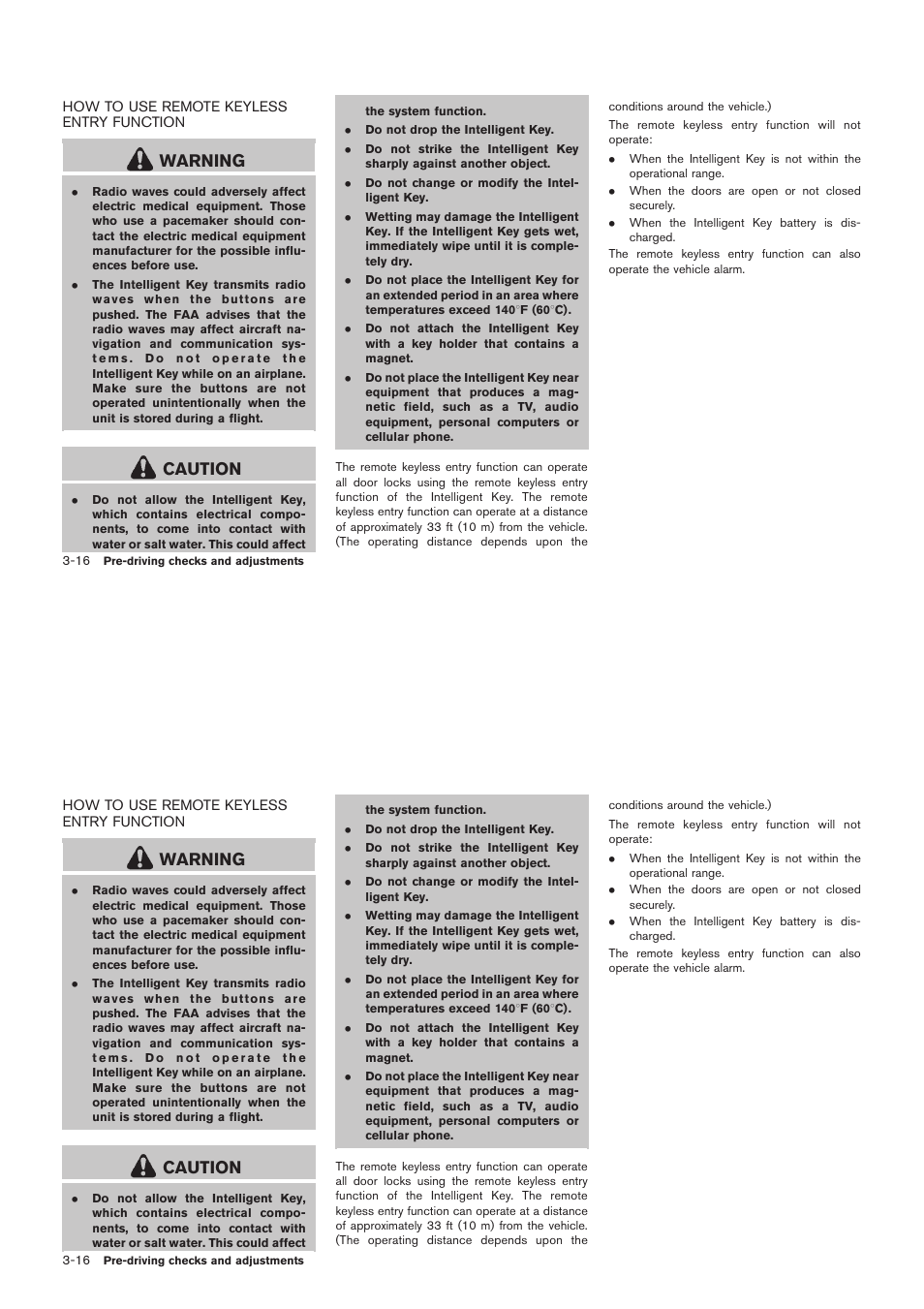 How to use remote keyless entry function -16, Warning, Caution | NISSAN 2012 Rogue - Owner's Manual User Manual | Page 147 / 378