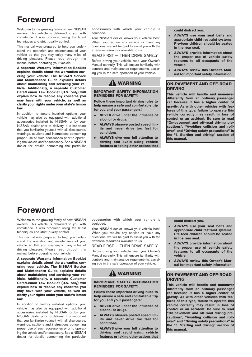 Foreword, Warning | NISSAN 2012 Rogue - Owner's Manual User Manual | Page 2 / 378