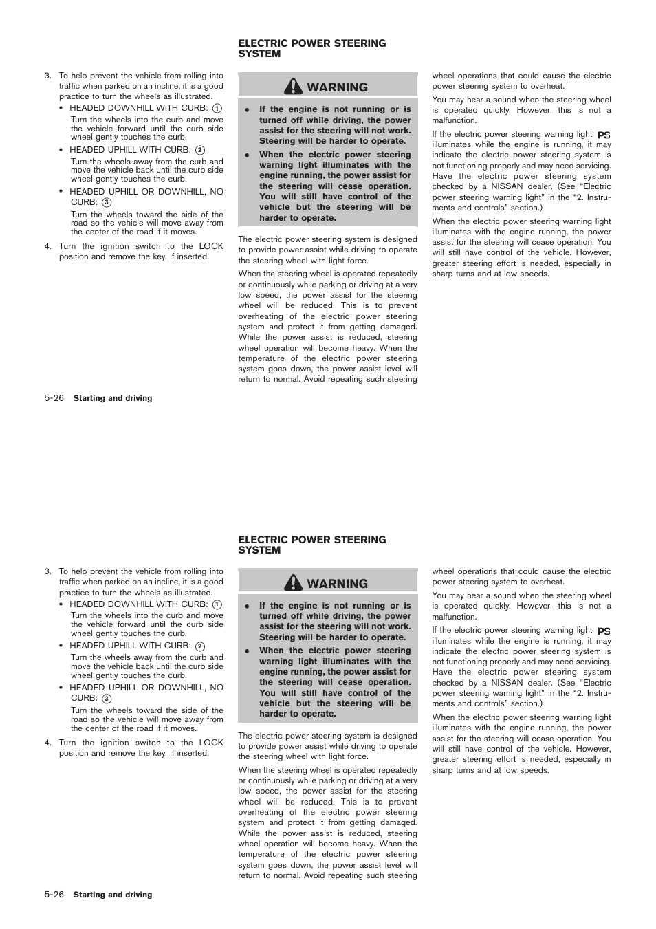 Electric power steering system -26, Warning | NISSAN 2012 Rogue - Owner's Manual User Manual | Page 265 / 378