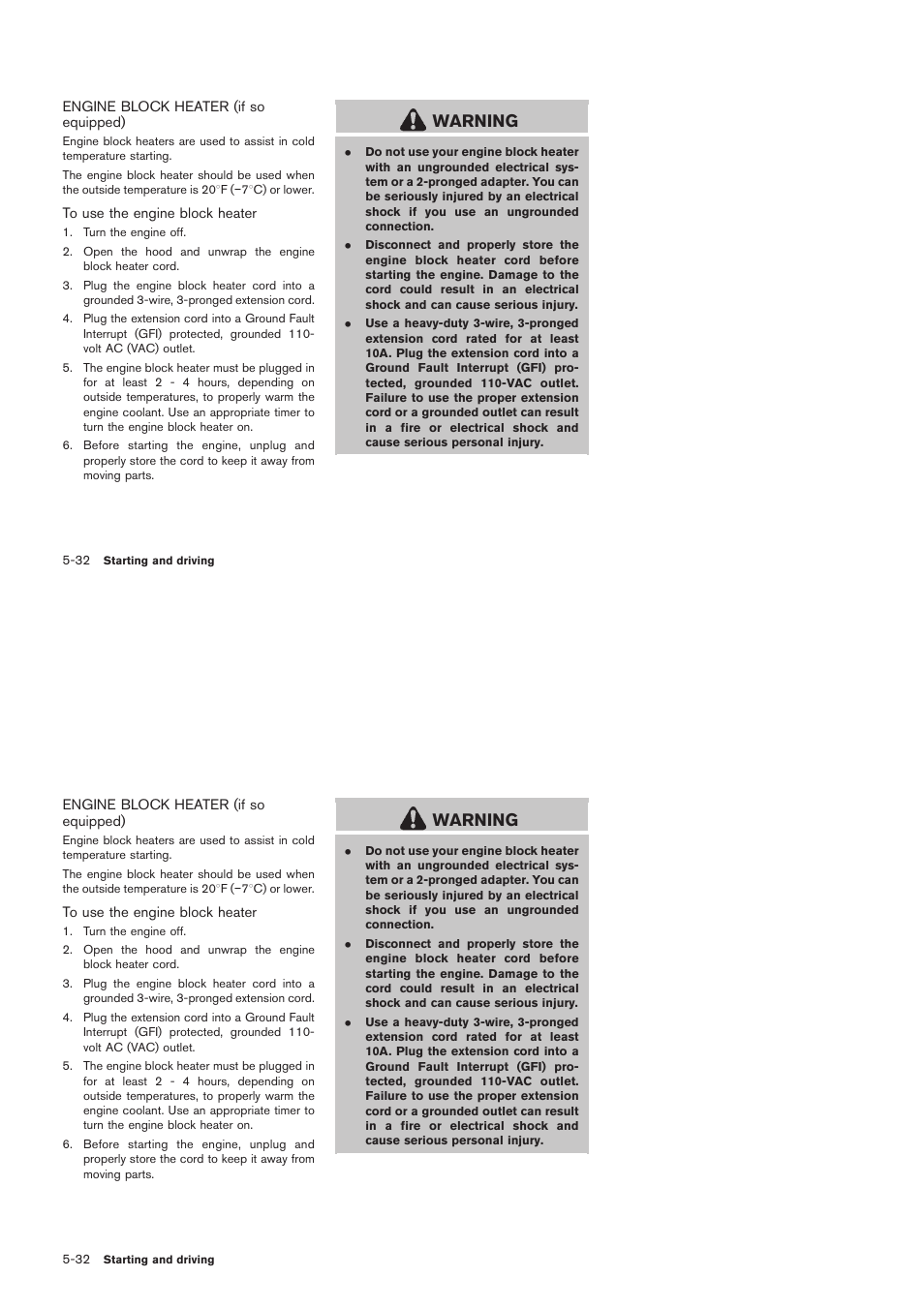 Engine block heater (if so equipped) -32, Warning | NISSAN 2012 Rogue - Owner's Manual User Manual | Page 271 / 378