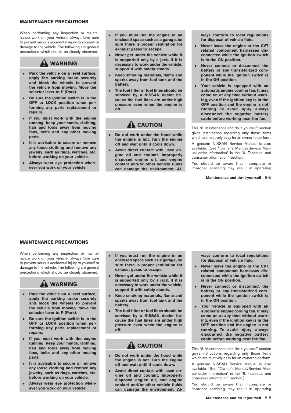 Maintenance precautions -5, Warning, Caution | NISSAN 2012 Rogue - Owner's Manual User Manual | Page 302 / 378