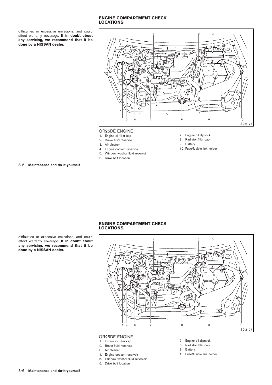 Engine compartment check locations -6, Qr25de engine -6 | NISSAN 2012 Rogue - Owner's Manual User Manual | Page 303 / 378