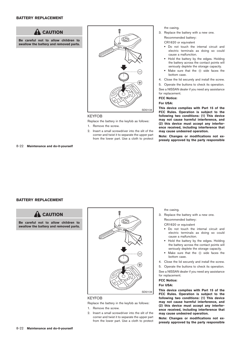 Battery replacement -22, Keyfob -22, Caution | NISSAN 2012 Rogue - Owner's Manual User Manual | Page 319 / 378