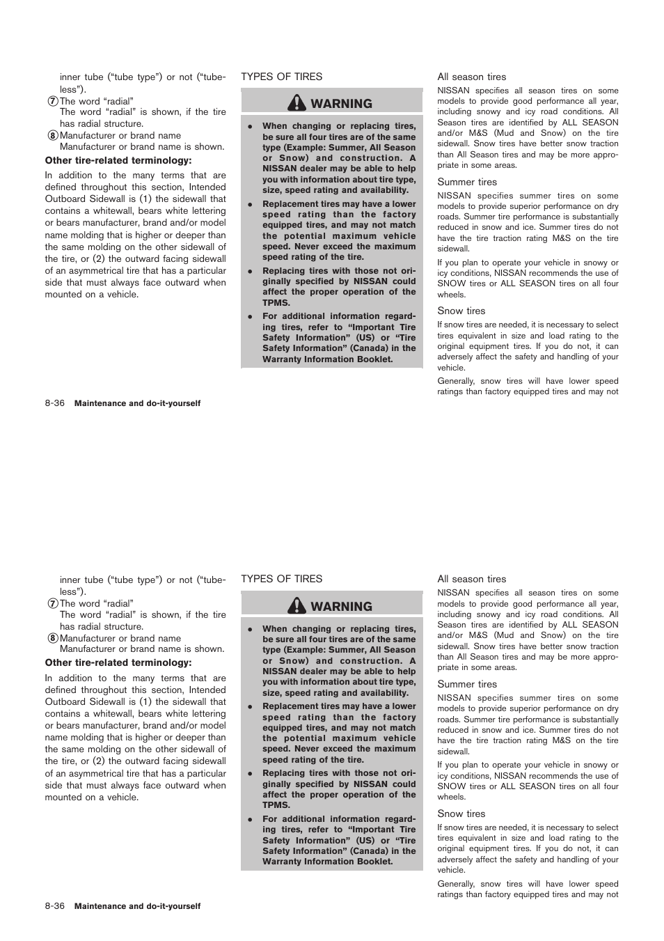 Types of tires -36, Warning | NISSAN 2012 Rogue - Owner's Manual User Manual | Page 333 / 378