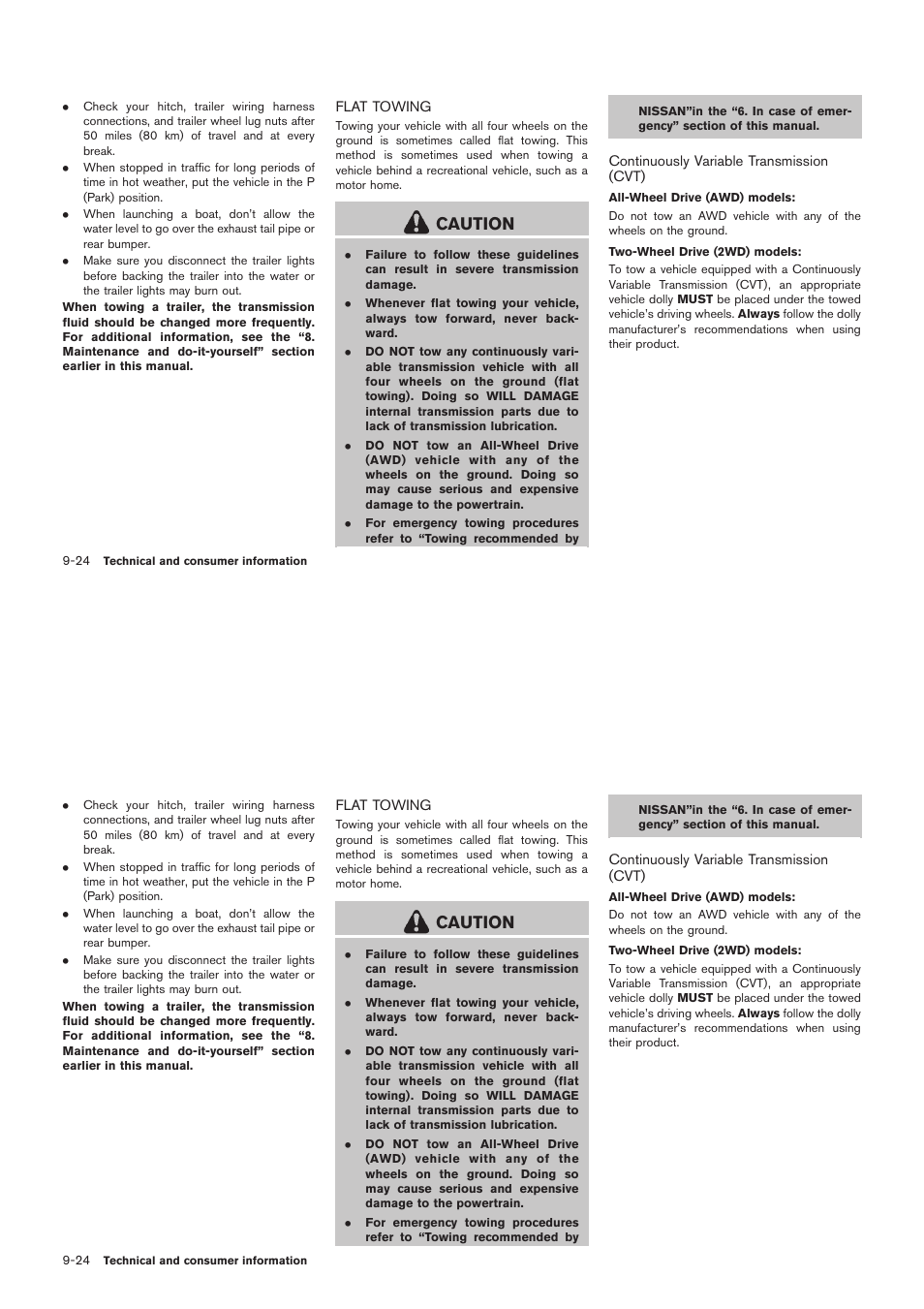 Flat towing -24, Caution | NISSAN 2012 Rogue - Owner's Manual User Manual | Page 363 / 378