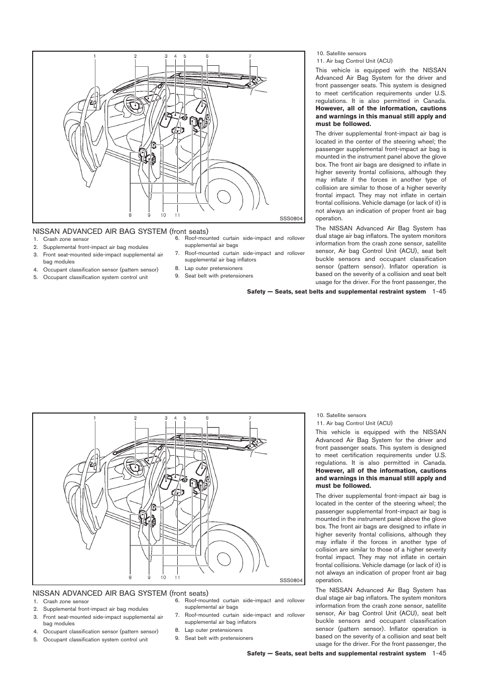 Nissan advanced air bag system (front seats) -45 | NISSAN 2012 Rogue - Owner's Manual User Manual | Page 62 / 378