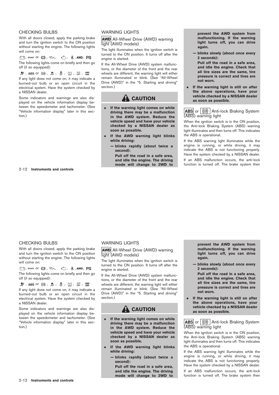 Checking bulbs -12 warning lights -12, Caution | NISSAN 2012 Rogue - Owner's Manual User Manual | Page 83 / 378