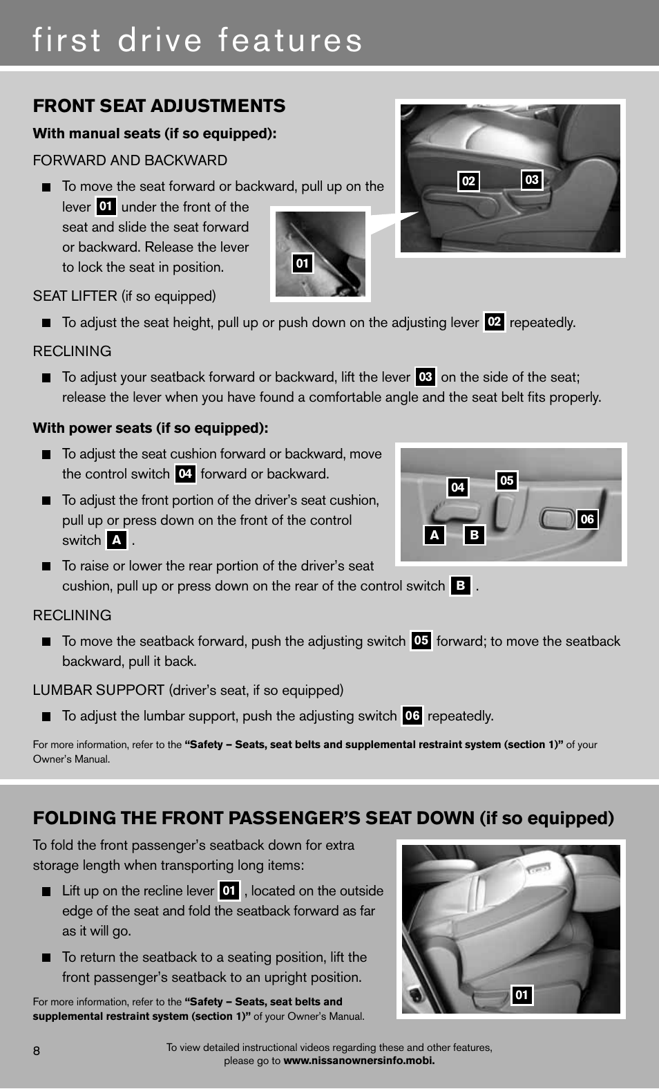 First drive features, Front seat adjustments | NISSAN 2012 Rogue - Quick Reference Guide User Manual | Page 10 / 20