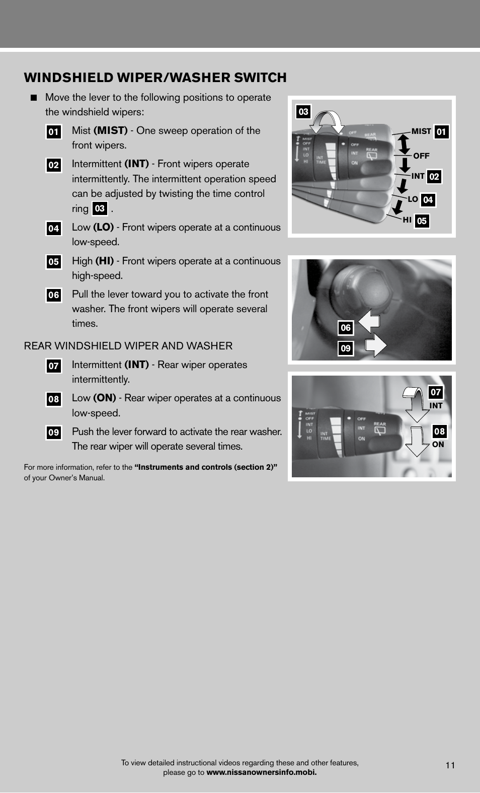 Windshield wiper/washer switch | NISSAN 2012 Rogue - Quick Reference Guide User Manual | Page 13 / 20