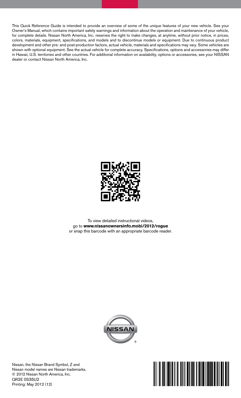 NISSAN 2012 Rogue - Quick Reference Guide User Manual | Page 20 / 20