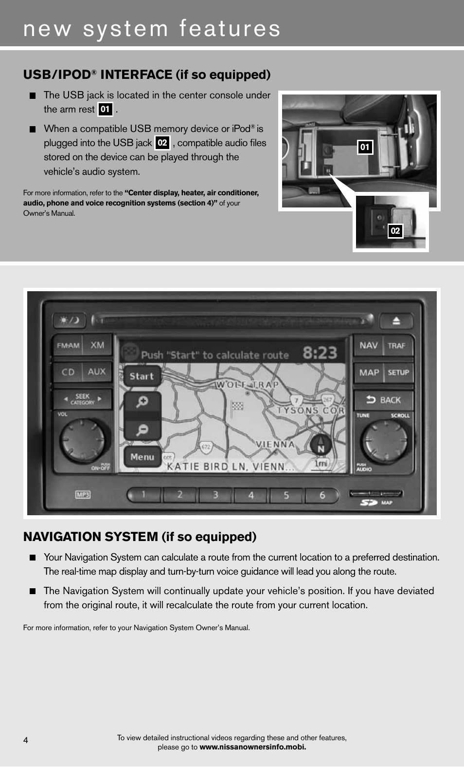 New system features, Usb/ipod, Interface (if so equipped) | Navigation system (if so equipped) | NISSAN 2012 Rogue - Quick Reference Guide User Manual | Page 6 / 20