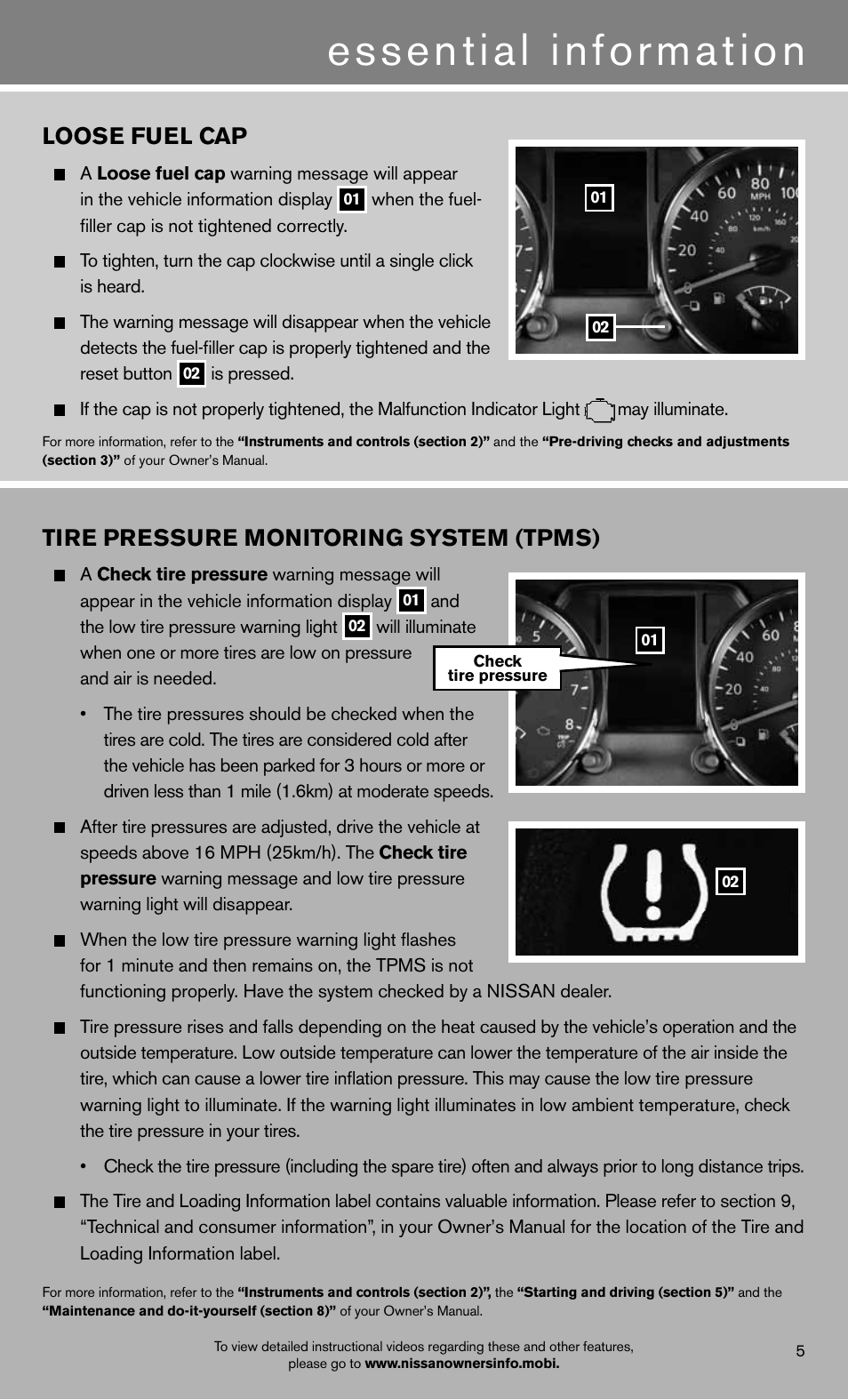 Essential information, Tire pressure monitoring system (tpms), Loose fuel cap | NISSAN 2012 Rogue - Quick Reference Guide User Manual | Page 7 / 20