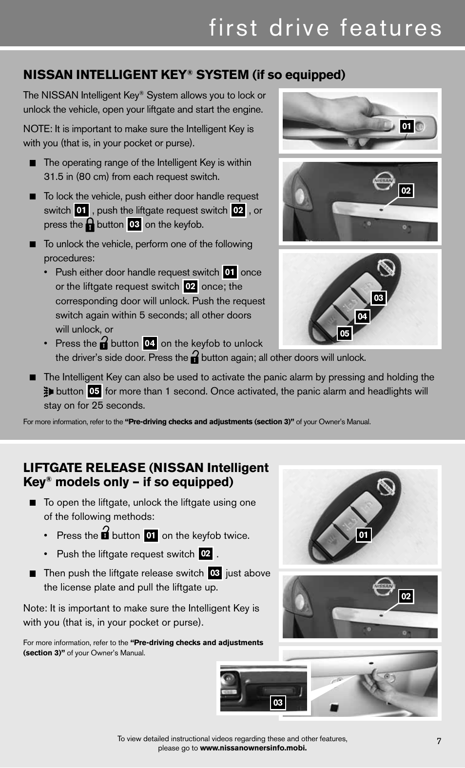 First drive features, Liftgate release (nissan intelligent key, Models only – if so equipped) | Nissan intelligent key, System (if so equipped) | NISSAN 2012 Rogue - Quick Reference Guide User Manual | Page 9 / 20