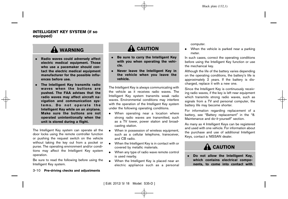 Intelligent key system (if so equipped) -10, Warning, Caution | NISSAN 2013 Rogue - Owner's Manual User Manual | Page 134 / 371