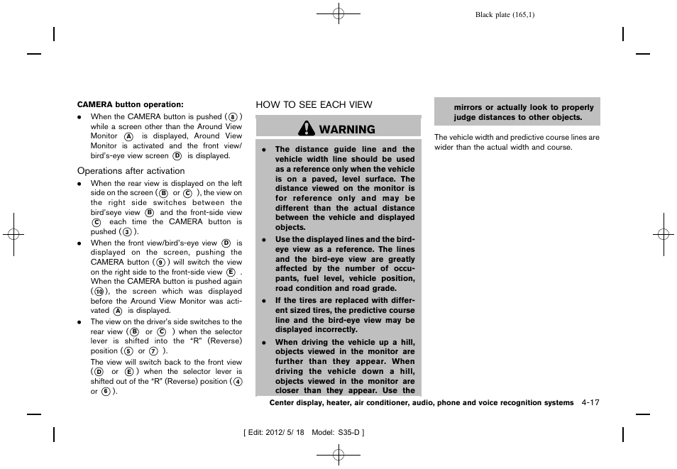 How to see each view -17, Warning | NISSAN 2013 Rogue - Owner's Manual User Manual | Page 167 / 371