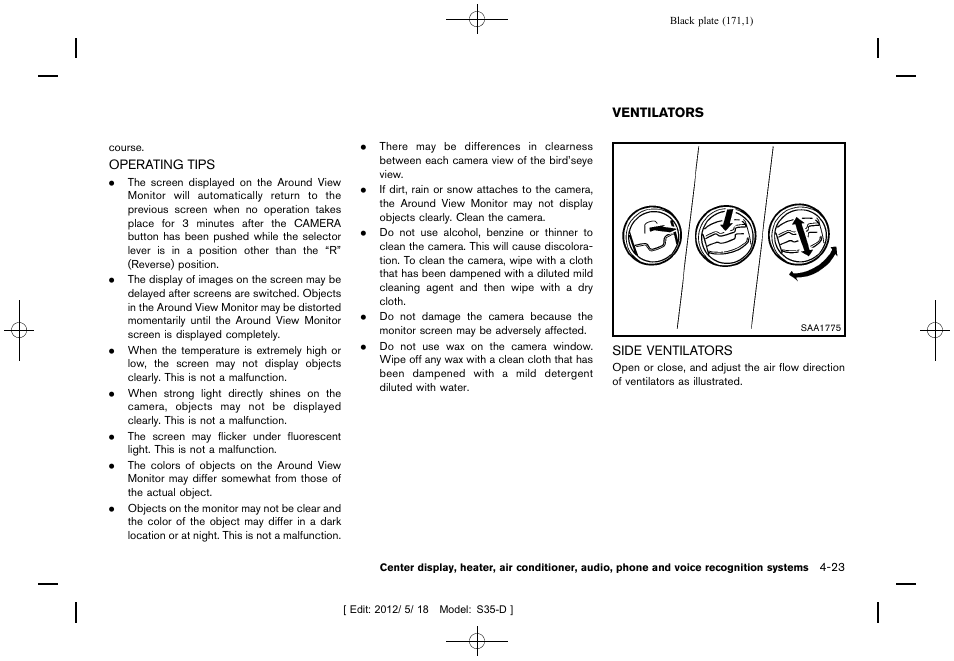 Operating tips -23, Ventilators -23, Side ventilators -23 | NISSAN 2013 Rogue - Owner's Manual User Manual | Page 173 / 371