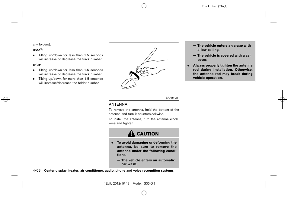 Antenna -68, Caution | NISSAN 2013 Rogue - Owner's Manual User Manual | Page 218 / 371