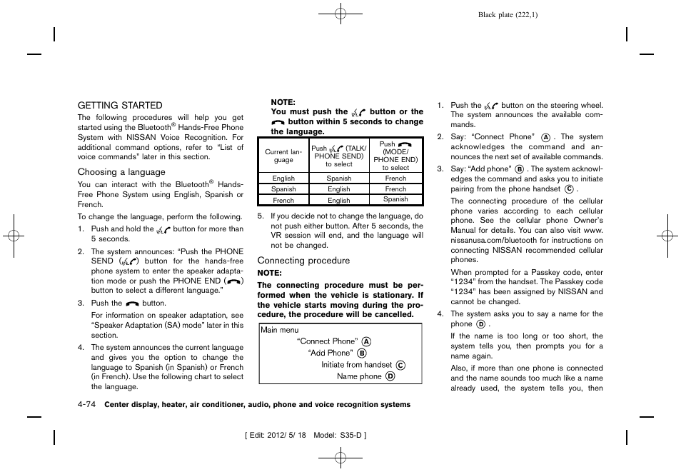 Getting started -74 | NISSAN 2013 Rogue - Owner's Manual User Manual | Page 224 / 371