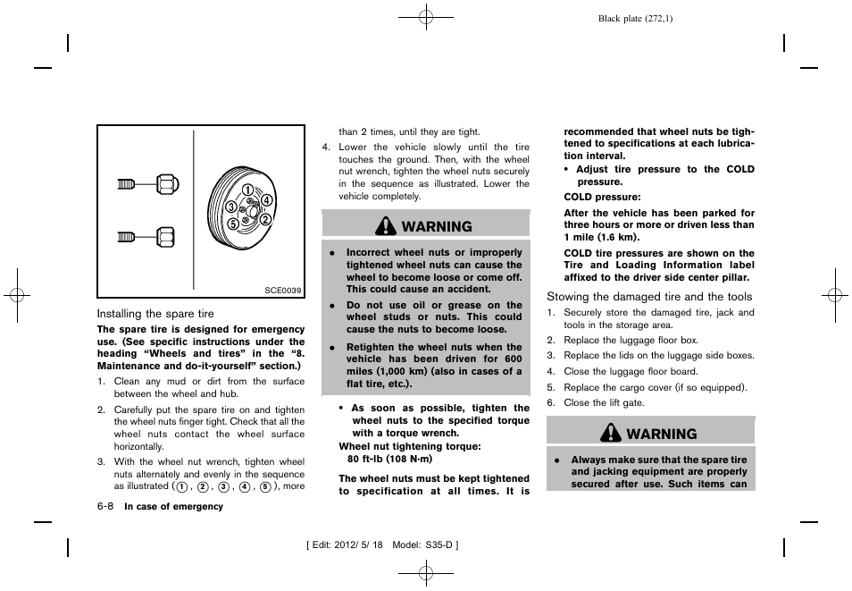 Warning | NISSAN 2013 Rogue - Owner's Manual User Manual | Page 274 / 371