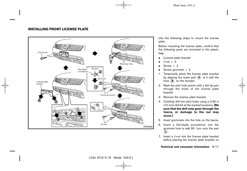 Installing front license plate -11 | NISSAN 2013 Rogue - Owner's Manual User Manual | Page 345 / 371