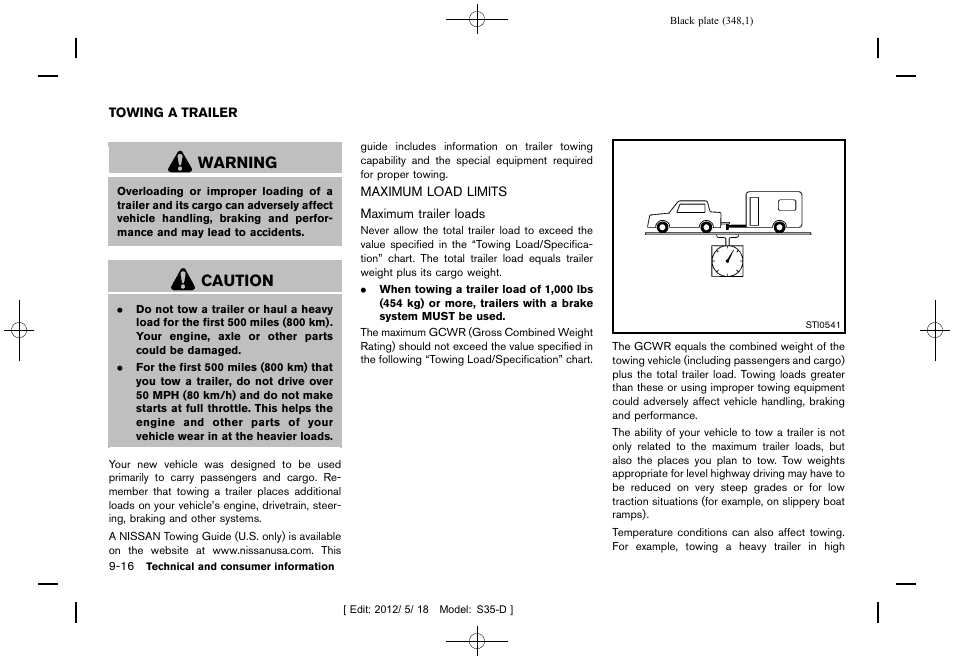 Towing a trailer -16, Maximum load limits -16, Warning | Caution | NISSAN 2013 Rogue - Owner's Manual User Manual | Page 350 / 371