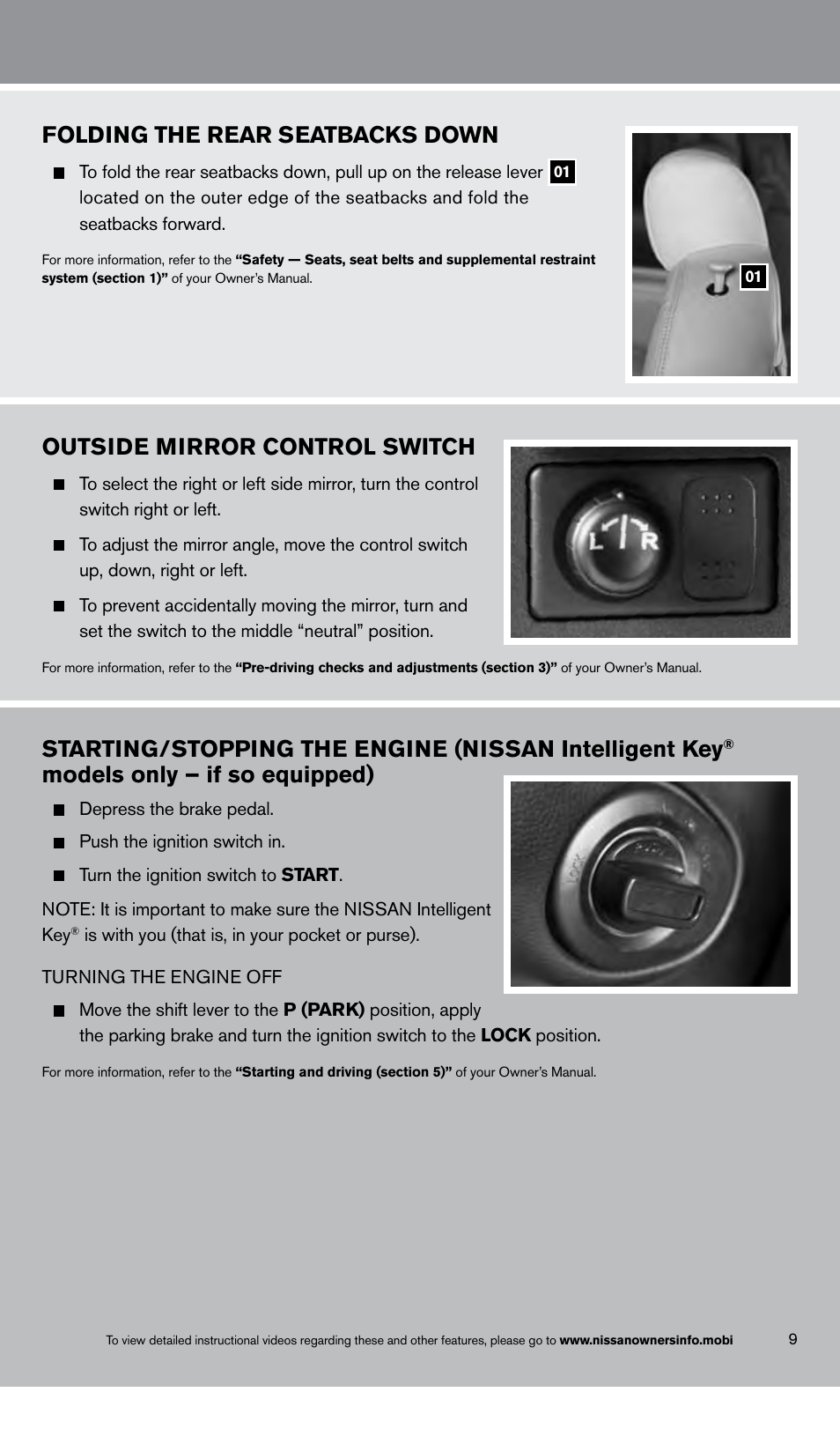 Outside mirror control switch, Models only – if so equipped), Folding the rear seatbacks down | NISSAN 2013 Rogue - Quick Reference Guide User Manual | Page 11 / 20