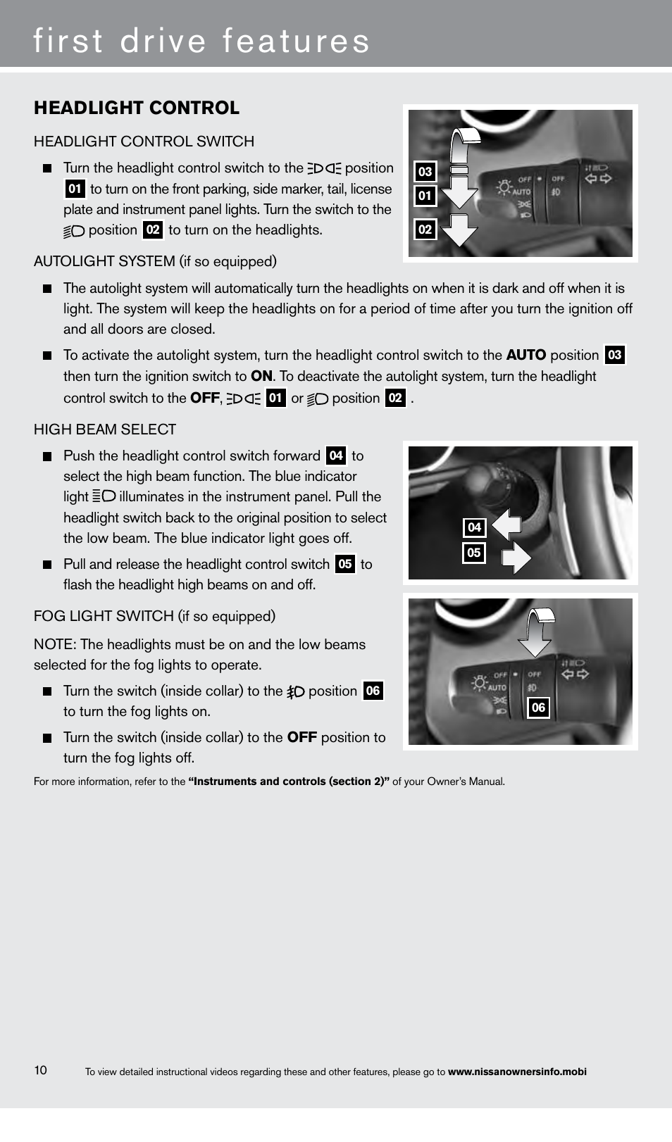 First drive features, Headlight control | NISSAN 2013 Rogue - Quick Reference Guide User Manual | Page 12 / 20