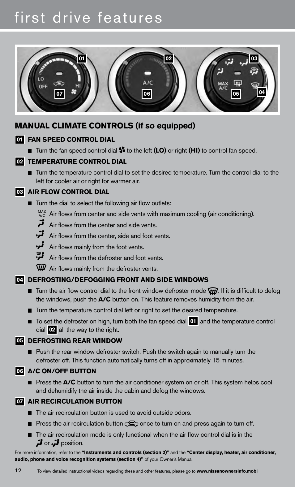 First drive features, Manual climate controls (if so equipped) | NISSAN 2013 Rogue - Quick Reference Guide User Manual | Page 14 / 20
