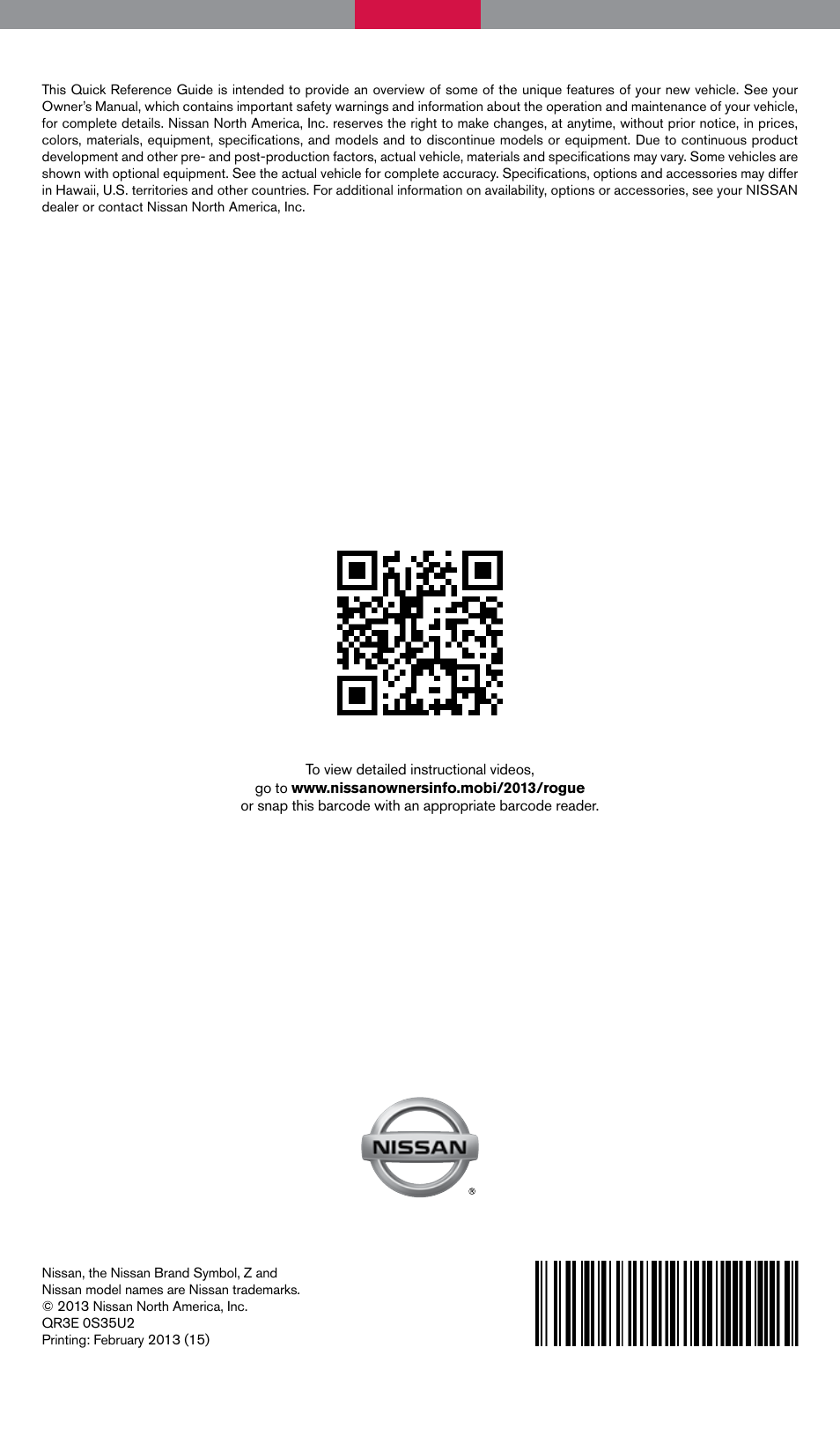 NISSAN 2013 Rogue - Quick Reference Guide User Manual | Page 20 / 20