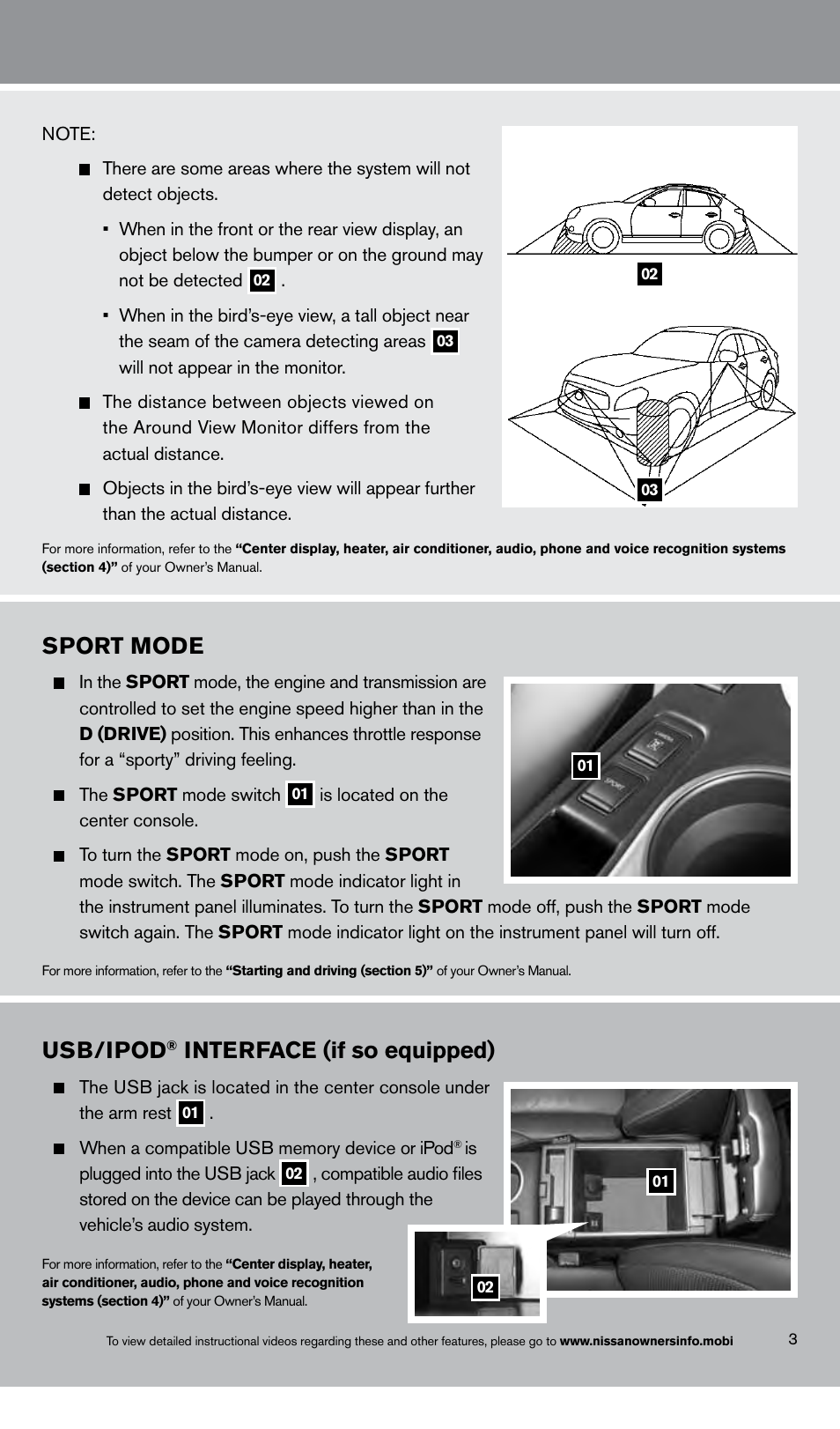 Sport mode, Usb/ipod, Interface (if so equipped) | NISSAN 2013 Rogue - Quick Reference Guide User Manual | Page 5 / 20