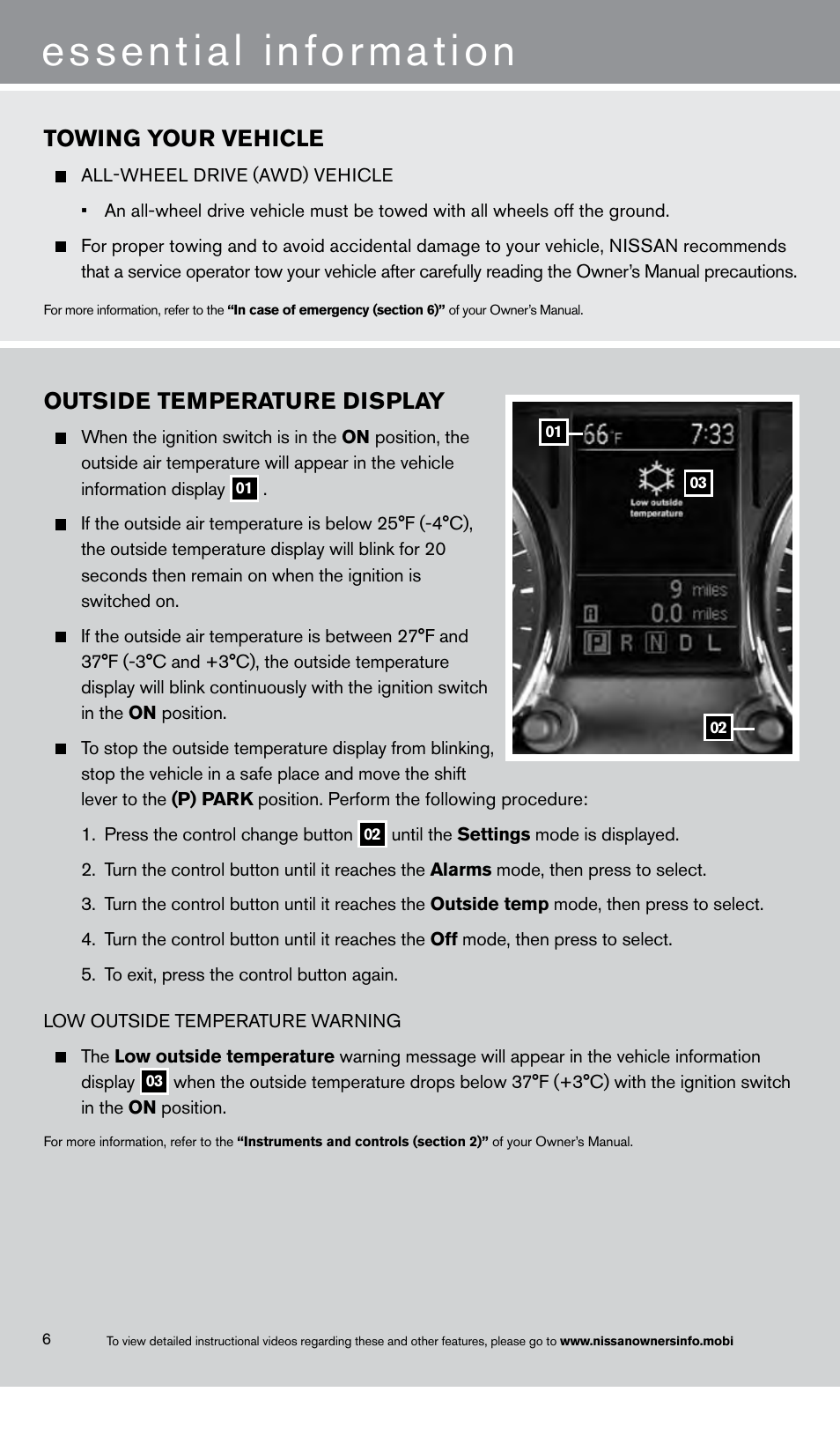 Essential information, Towing your vehicle, Outside temperature display | NISSAN 2013 Rogue - Quick Reference Guide User Manual | Page 8 / 20