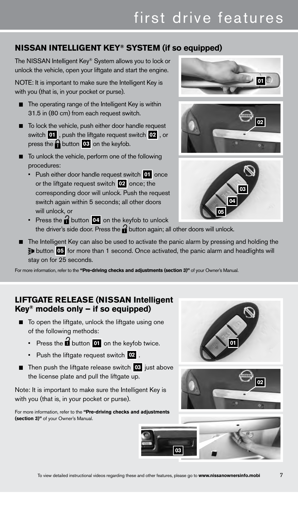 First drive features, Liftgate release (nissan intelligent key, Models only – if so equipped) | Nissan intelligent key, System (if so equipped) | NISSAN 2013 Rogue - Quick Reference Guide User Manual | Page 9 / 20