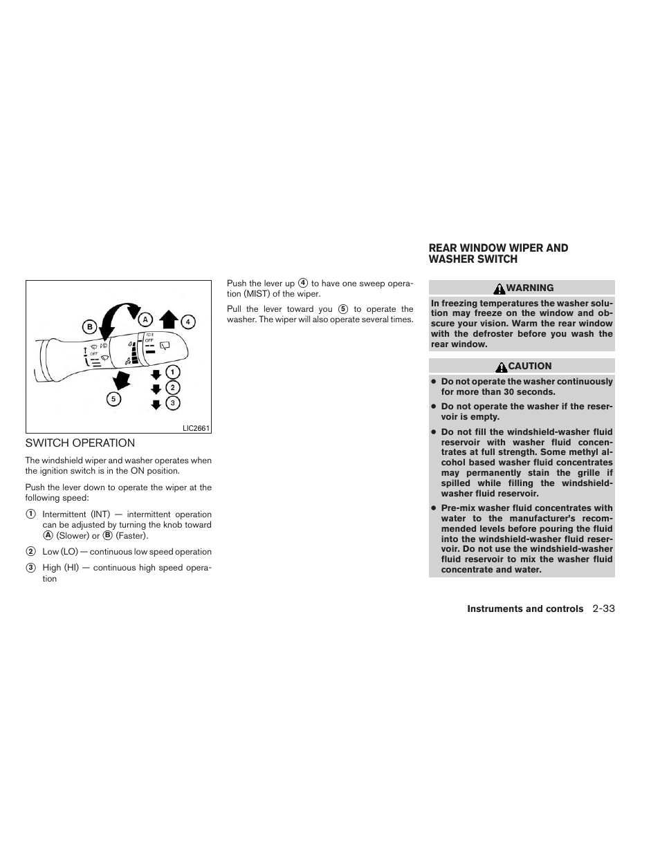 Switch operation -33, Rear window wiper and washer switch -33 | NISSAN 2014 Rogue - Owner's Manual User Manual | Page 118 / 442