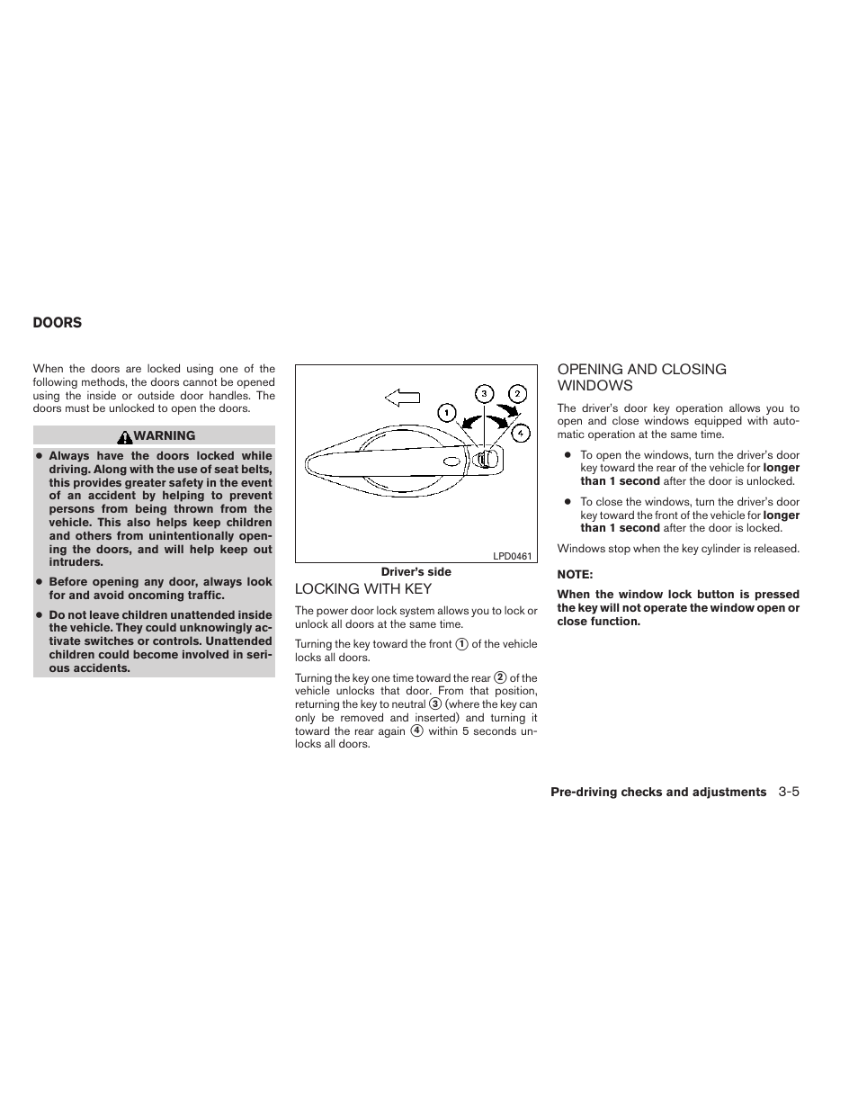 Doors -5, Locking with key -5 opening and closing windows -5 | NISSAN 2014 Rogue - Owner's Manual User Manual | Page 152 / 442