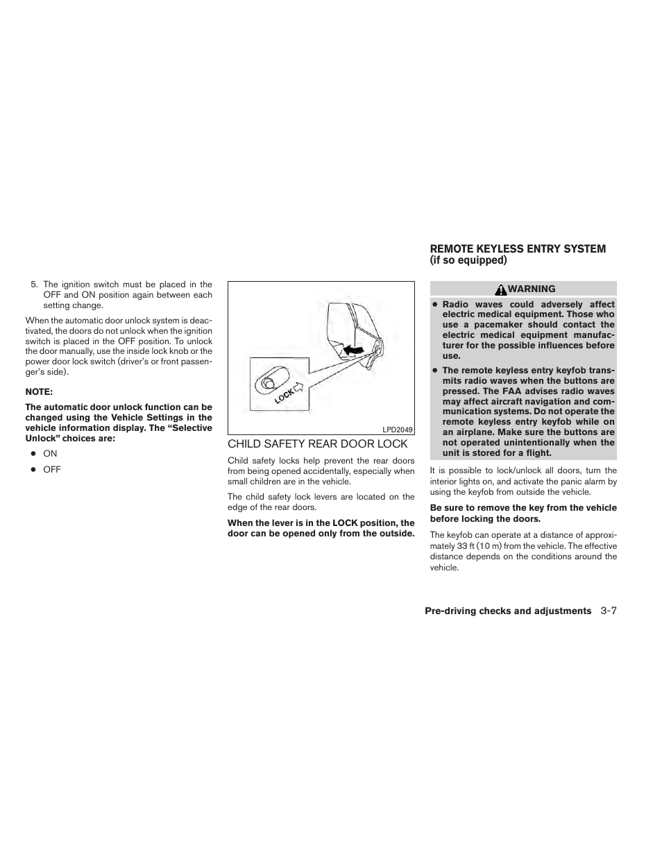 Child safety rear door lock -7, Remote keyless entry system (if so equipped) -7 | NISSAN 2014 Rogue - Owner's Manual User Manual | Page 154 / 442