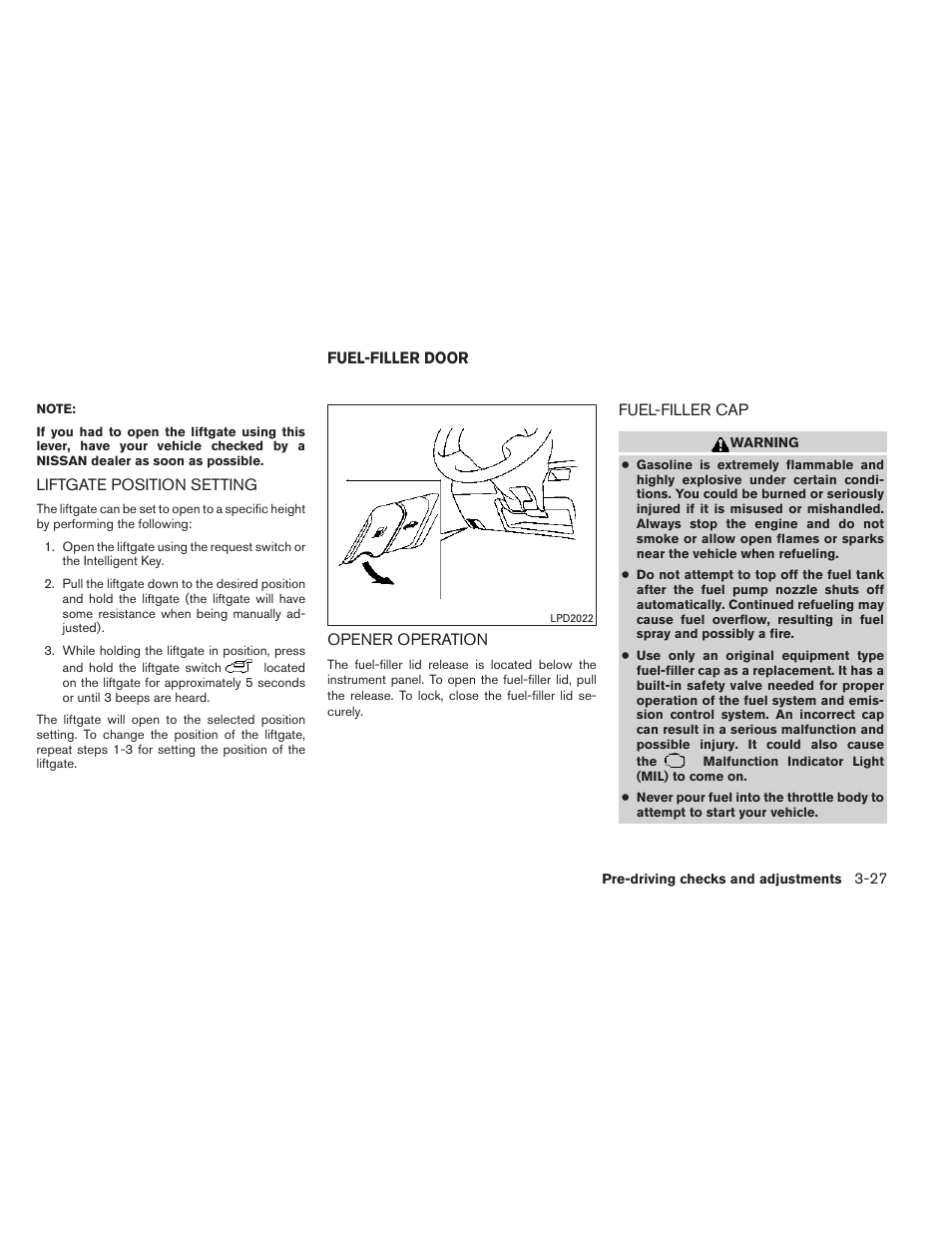 Liftgate position setting -27, Fuel-filler door -27, Opener operation -27 fuel-filler cap -27 | NISSAN 2014 Rogue - Owner's Manual User Manual | Page 174 / 442