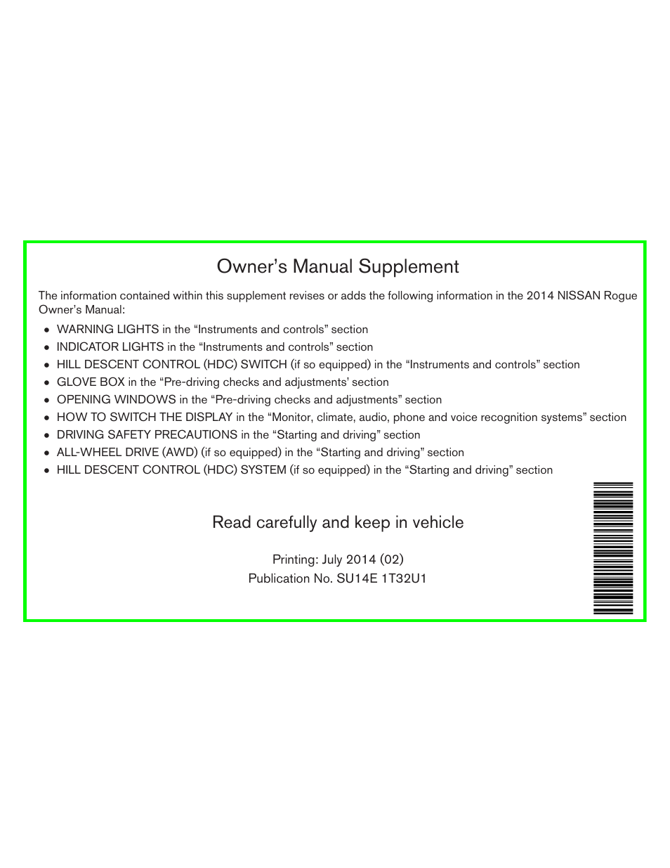 Owner’s manual supplement, Read carefully and keep in vehicle | NISSAN 2014 Rogue - Owner's Manual User Manual | Page 2 / 442