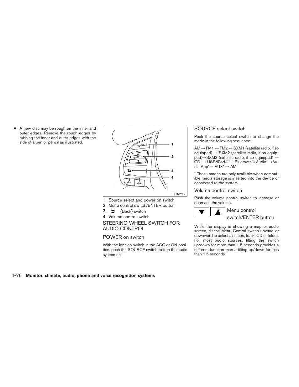 Steering wheel switch for audio control -76 | NISSAN 2014 Rogue - Owner's Manual User Manual | Page 257 / 442