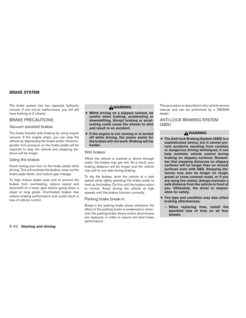 Brake system -42 | NISSAN 2014 Rogue - Owner's Manual User Manual | Page 327 / 442