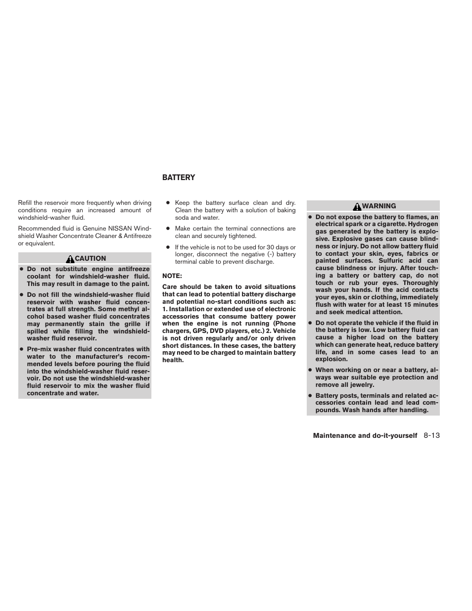 Battery -13 | NISSAN 2014 Rogue - Owner's Manual User Manual | Page 372 / 442