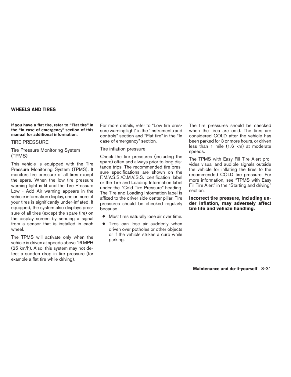 Wheels and tires -31, Tire pressure -31 | NISSAN 2014 Rogue - Owner's Manual User Manual | Page 390 / 442