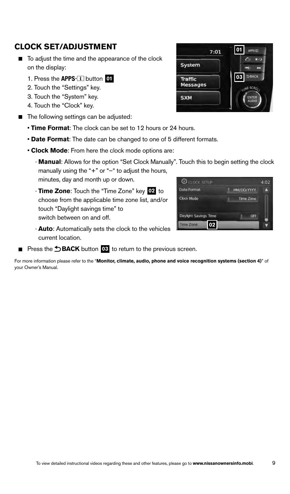 Clock set/adjustment | NISSAN 2014 Rogue - Quick Reference Guide User Manual | Page 11 / 28