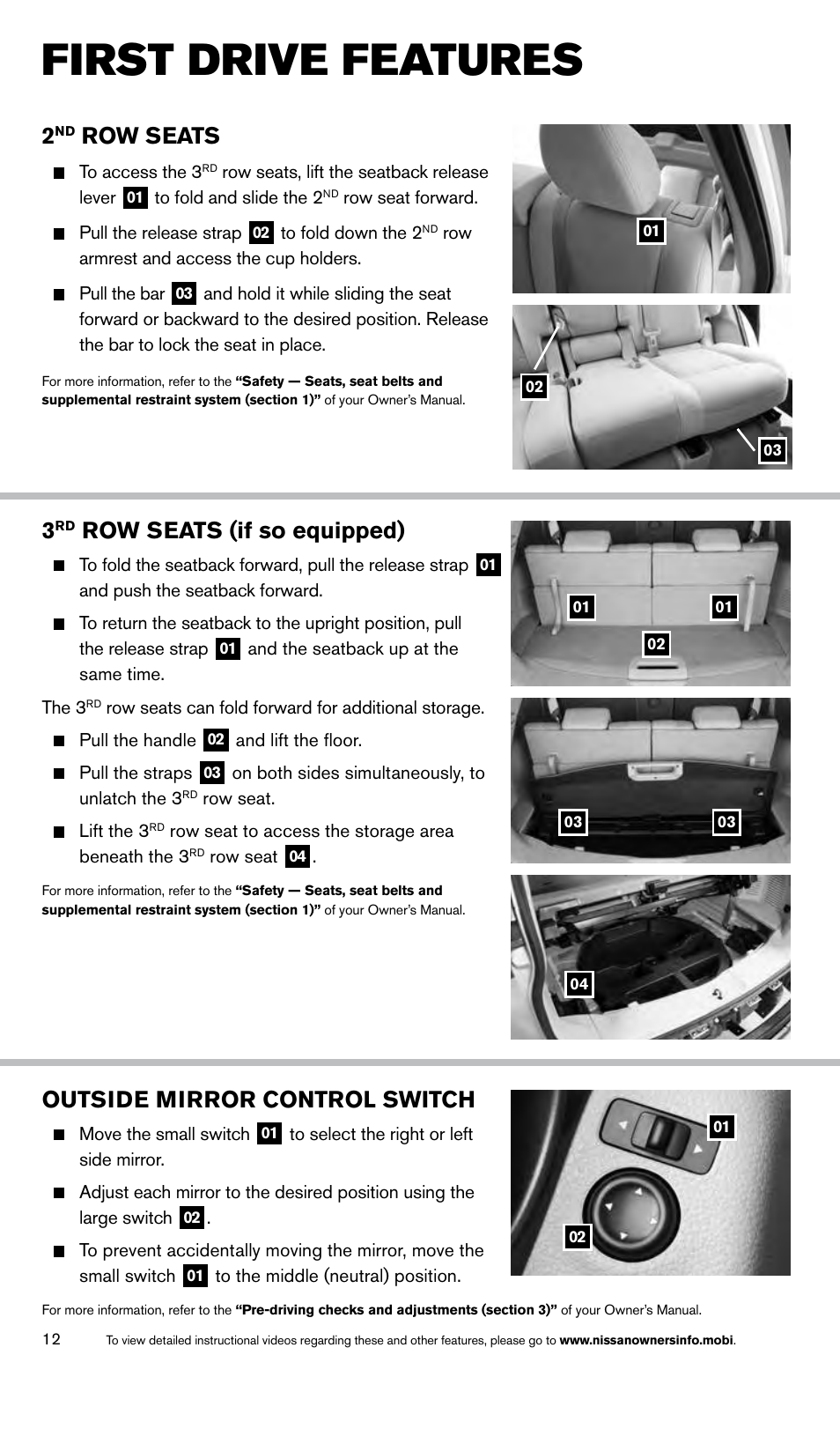 First drive features, Row seats, Outside mirror control switch | Row seats (if so equipped) | NISSAN 2014 Rogue - Quick Reference Guide User Manual | Page 14 / 28