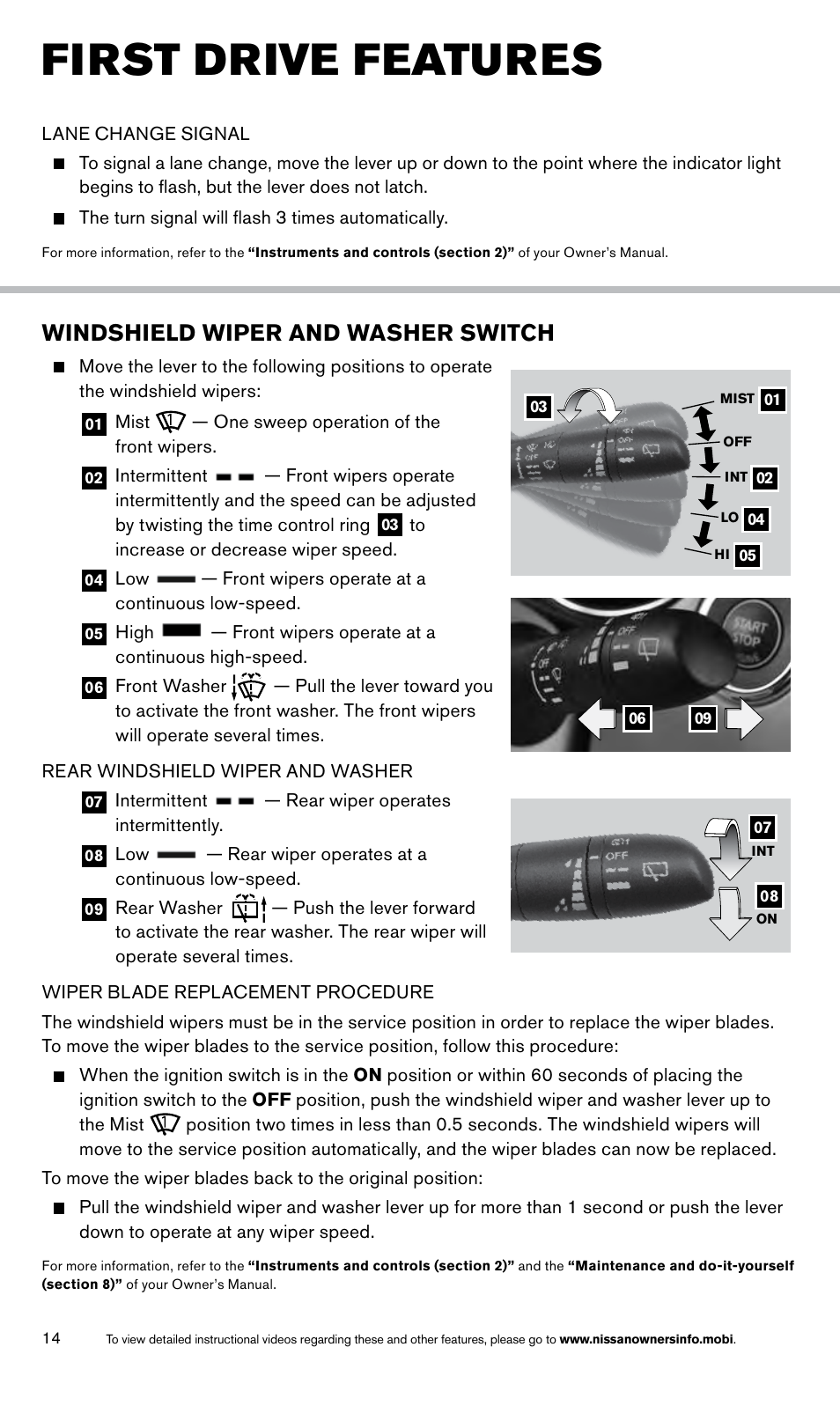 First drive features, Windshield wiper and washer switch | NISSAN 2014 Rogue - Quick Reference Guide User Manual | Page 16 / 28