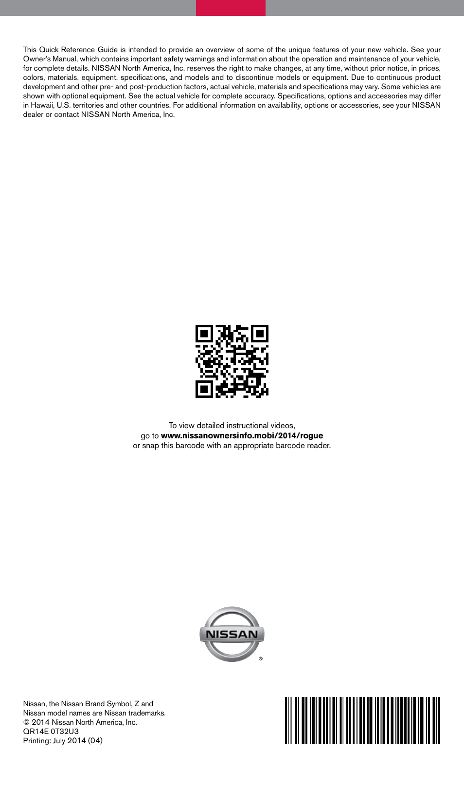 NISSAN 2014 Rogue - Quick Reference Guide User Manual | Page 28 / 28