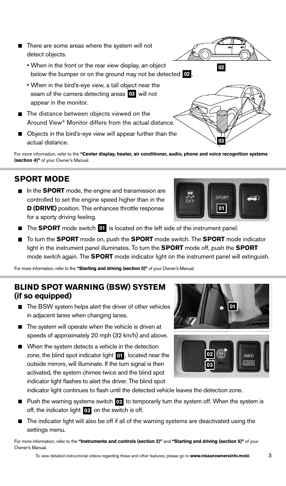 Blind spot warning (bsw) system (if so equipped), Sport mode | NISSAN 2014 Rogue - Quick Reference Guide User Manual | Page 5 / 28