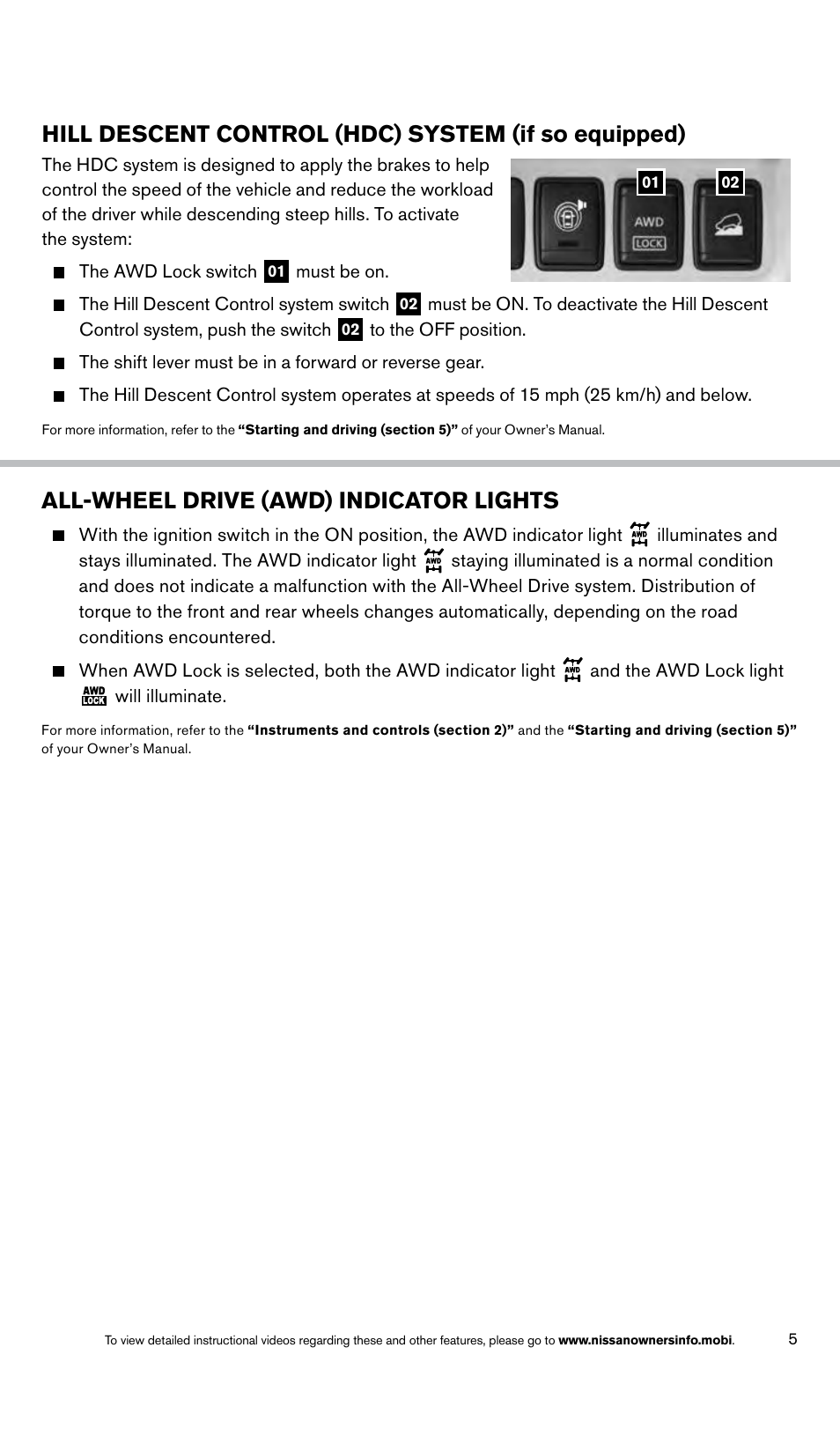 Hill descent control (hdc) system (if so equipped), All-wheel drive (awd) indicator lights | NISSAN 2014 Rogue - Quick Reference Guide User Manual | Page 7 / 28
