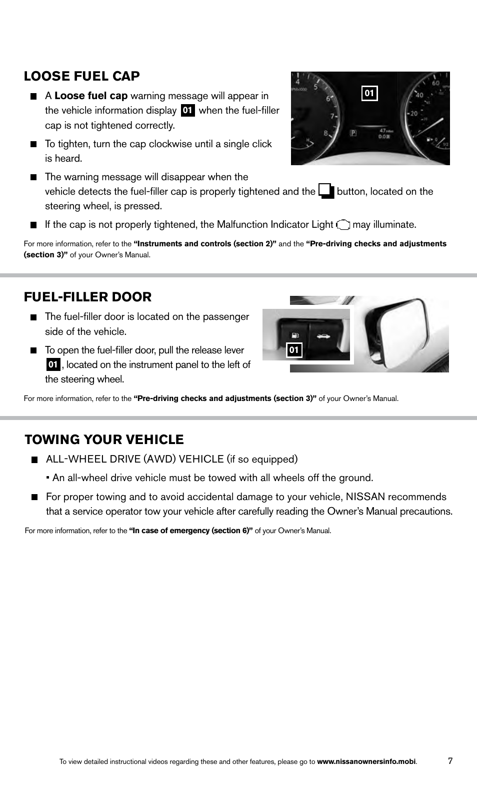 Loose fuel cap, Towing your vehicle, Fuel-filler door | NISSAN 2014 Rogue - Quick Reference Guide User Manual | Page 9 / 28