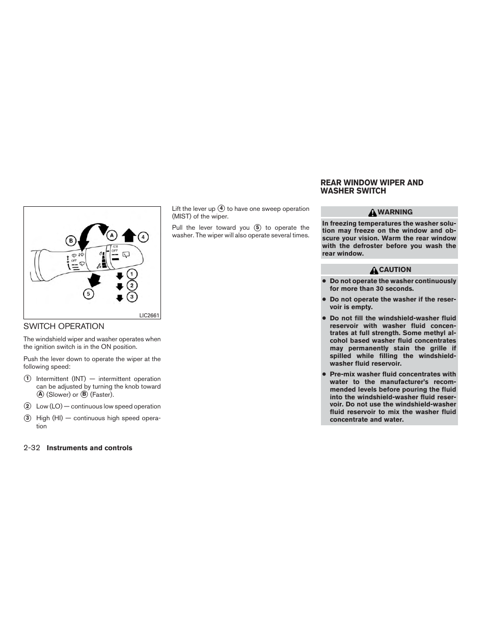 Switch operation -32, Rear window wiper and washer switch -32 | NISSAN 2015 Rogue - Owner's Manual User Manual | Page 117 / 440